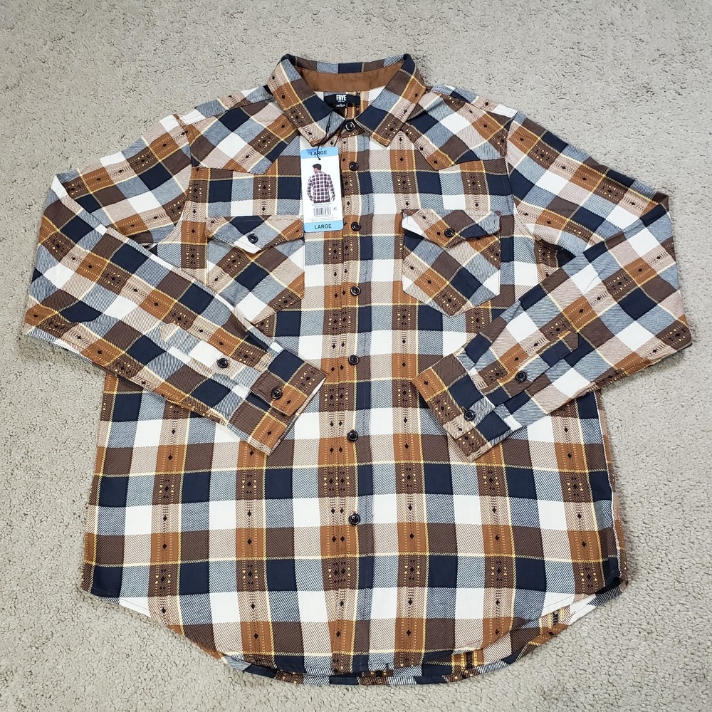 NEW Frye Shirt‎ Men L Brown Check Plaid Almost Black Outdoor Preppy Casual